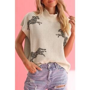 Apricot Leopard Print Sweater Size M Tan Brown Mock Neck Short Sleeve Top